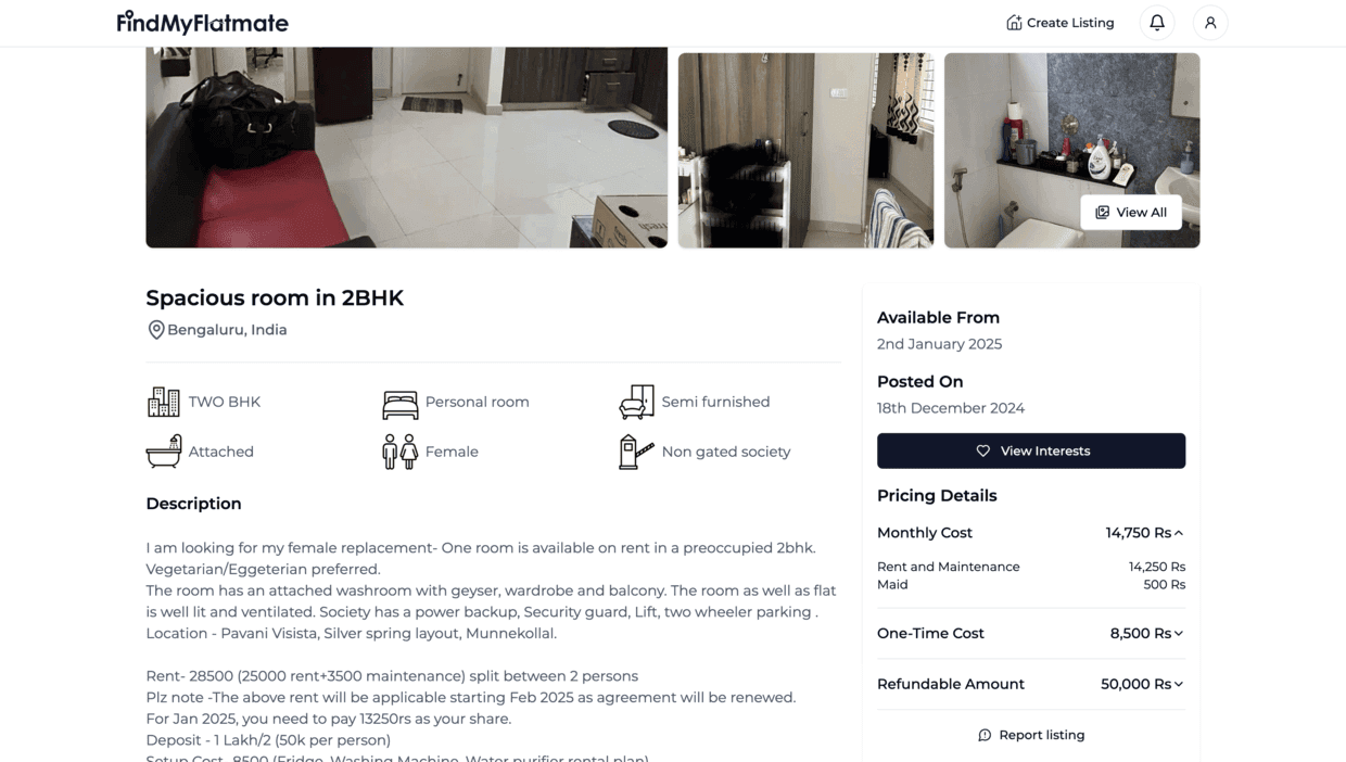 Detailed view of a flatmate listing with amenities and preferences