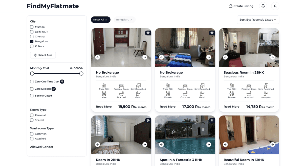 Search interface showing filters for finding flatmates